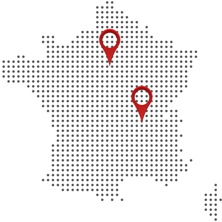 Carte de France situant les deux agences BS Sécurité, en Île-de-France et en Rhône-Alpes